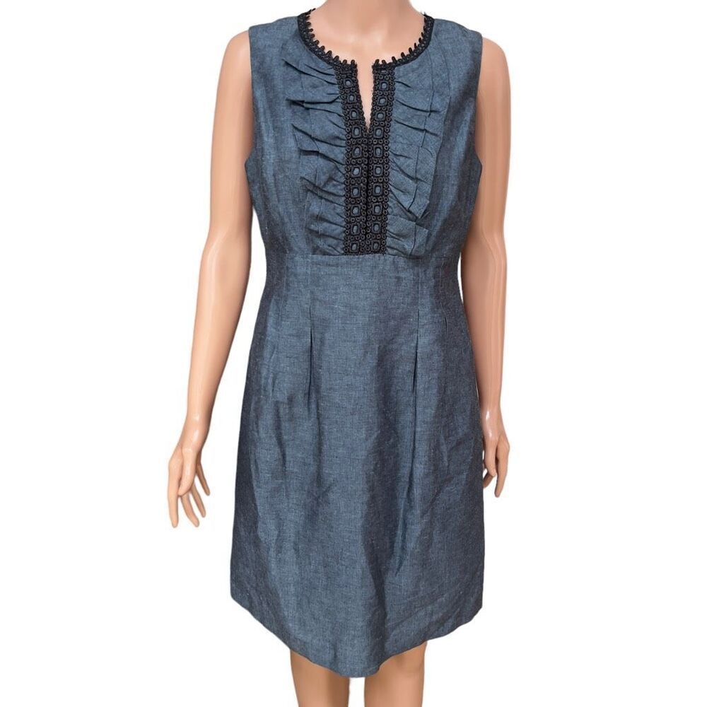 Nine West denim chambray ruffle linen blend dress size 8